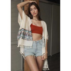 Kimono Embroidered Trim with Tassels color Ivory